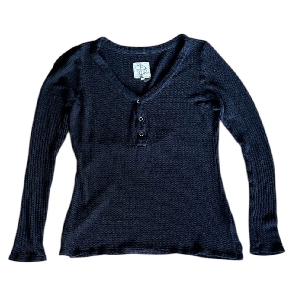 CHASER 3-Button V-Neck Long Sleeve Thermal Top Black | Size M